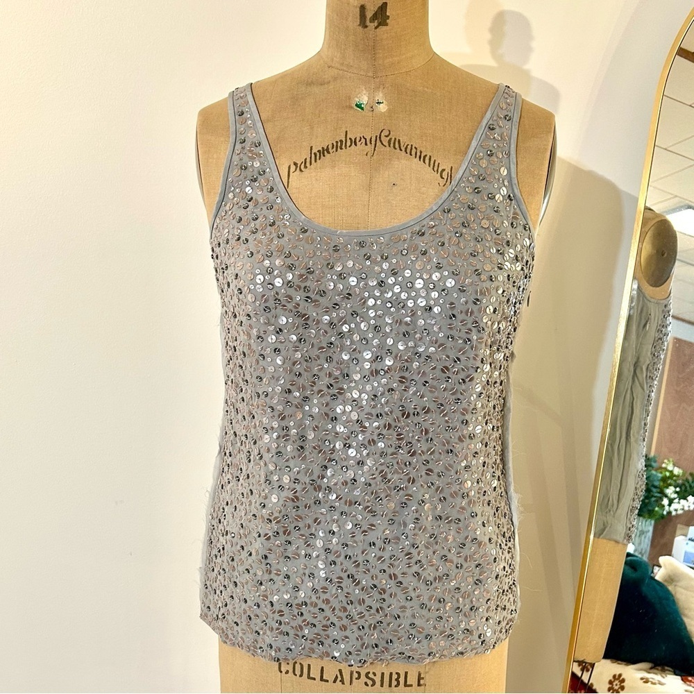 J Crew Women’s Silver & Taupe Silk Sequin Tank Top Sz 6 NWT